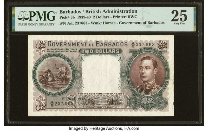 Barbados Government of Barbados 2 Dollars 1.7.1943 Pick 3b PMG Very Fine 25. Des...
