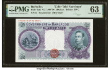Barbados Government of Barbados 2 Dollars ND (1938-49) Pick 3cts Color Trial Specimen PMG Choice Uncirculated 63. A beautiful and rare denomination in...