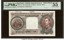 Barbados Government of Barbados 2 Dollars ND (1938-49) Pick 3s Specimen PMG About Uncirculated 55. Barbados's $2 Government note featuring King George...