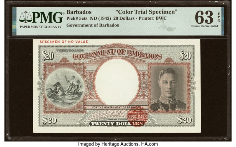 Barbados Government of Barbados 20 Dollars ND (1943) Pick 5cts Color Trial Speci...