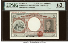 Barbados Government of Barbados 20 Dollars ND (1943) Pick 5cts Color Trial Specimen PMG Choice Uncirculated 63 EPQ. This beautiful Color Trial Specime...
