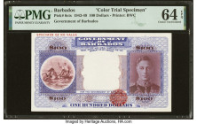 Barbados Government of Barbados 100 Dollars (1943-49) Pick 6cts Color Trial Specimen PMG Choice Uncirculated 64 EPQ. A handsome Color Trial Specimen o...