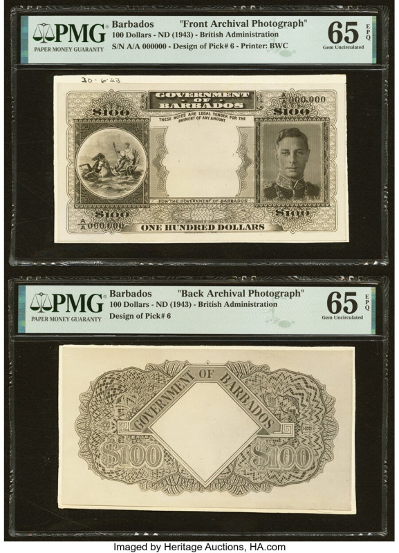 Barbados Government of Barbados 100 Dollars ND (1943) Design of Pick 6 Front and...