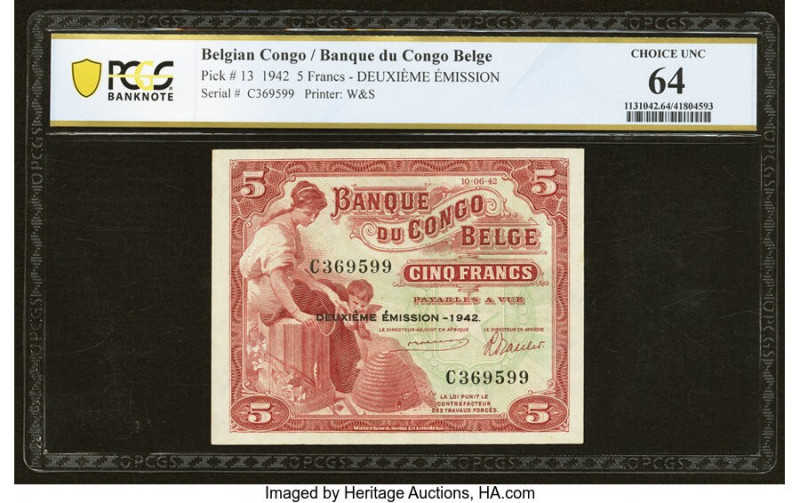 Belgian Congo Banque du Congo Belge 5 Francs 10.6.1942 Pick 13 PCGS Banknote Cho...