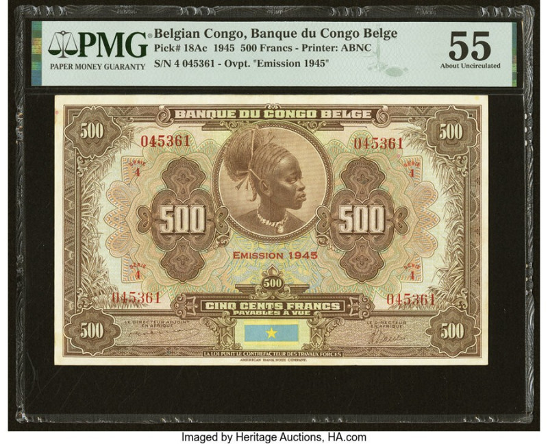 Belgian Congo Banque du Congo Belge 500 Francs 1945 Pick 18Ac PMG About Uncircul...