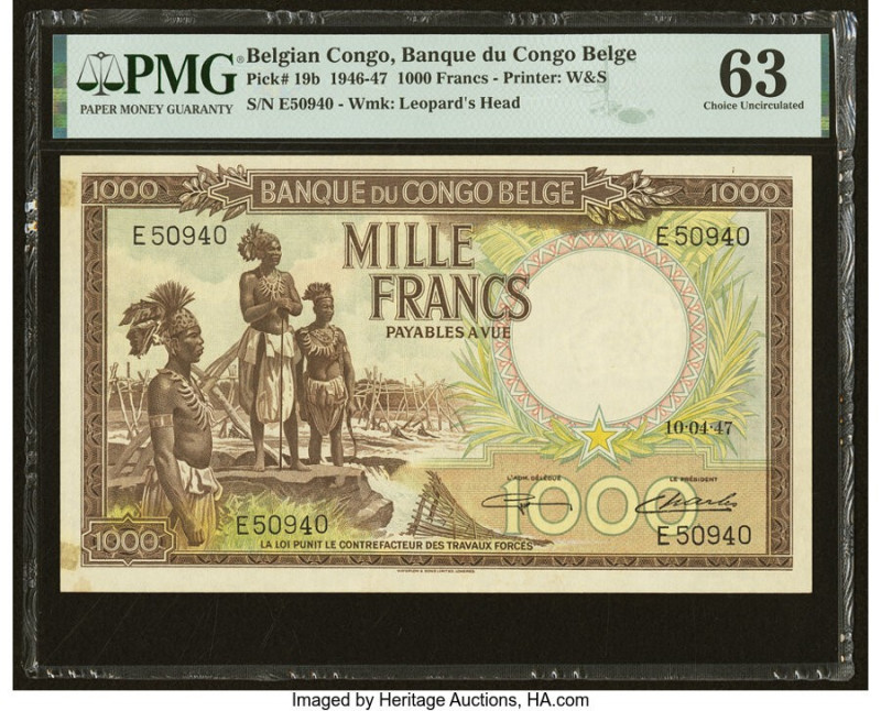 Belgian Congo Banque du Congo Belge 1000 Francs 10.4.1947 Pick 19b PMG Choice Un...