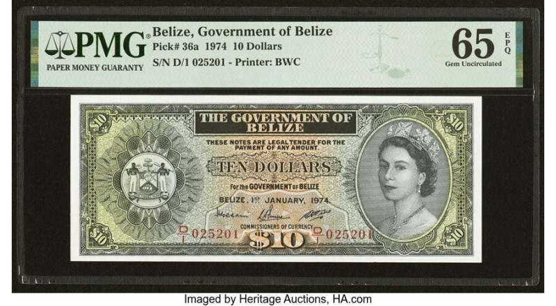 Belize Government of Belize 10 Dollars 1.1.1974 Pick 36a PMG Gem Uncirculated 65...