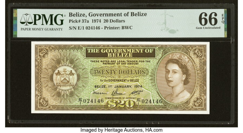 Belize Government of Belize 20 Dollars 1.1.1974 Pick 37a PMG Gem Uncirculated 66...