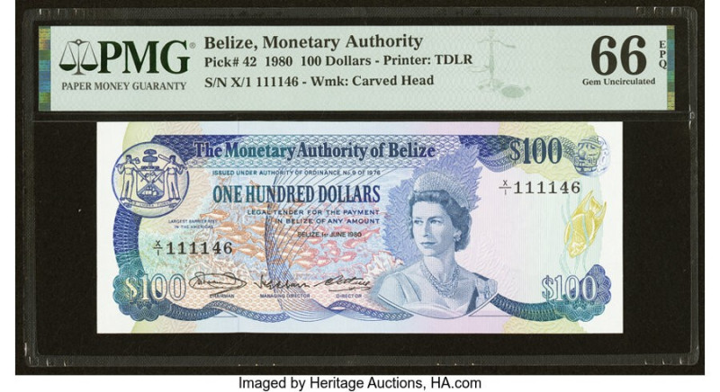 Belize Monetary Authority 100 Dollars 1.6.1980 Pick 42 PMG Gem Uncirculated 66 E...