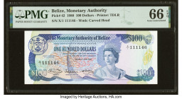 Belize Monetary Authority 100 Dollars 1.6.1980 Pick 42 PMG Gem Uncirculated 66 EPQ. An impressive color palette draws a great eye appeal on this elusi...