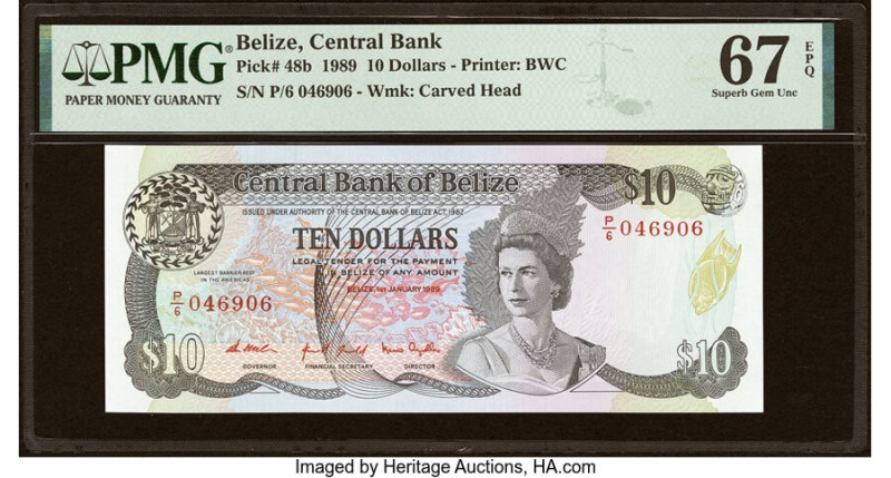 Belize Central Bank 10 Dollars 1.1.1989 Pick 48b PMG Superb Gem Unc 67 EPQ. An e...