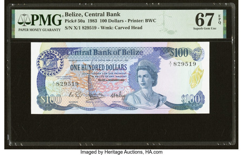 Belize Central Bank 100 Dollars 1.11.1983 Pick 50a PMG Superb Gem Unc 67 EPQ. Th...