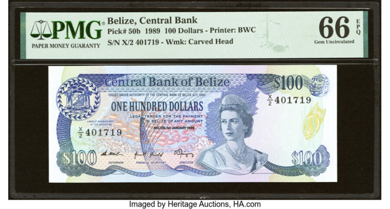 Belize Central Bank 100 Dollars 1.1.1989 Pick 50b PMG Gem Uncirculated 66 EPQ. B...