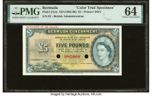 Bermuda Bermuda Government 5 Pounds ND (1952-66) Pick 21cts Color Trial Specimen PMG Choice Uncirculated 64. Queen Elizabeth II is prominently engrave...