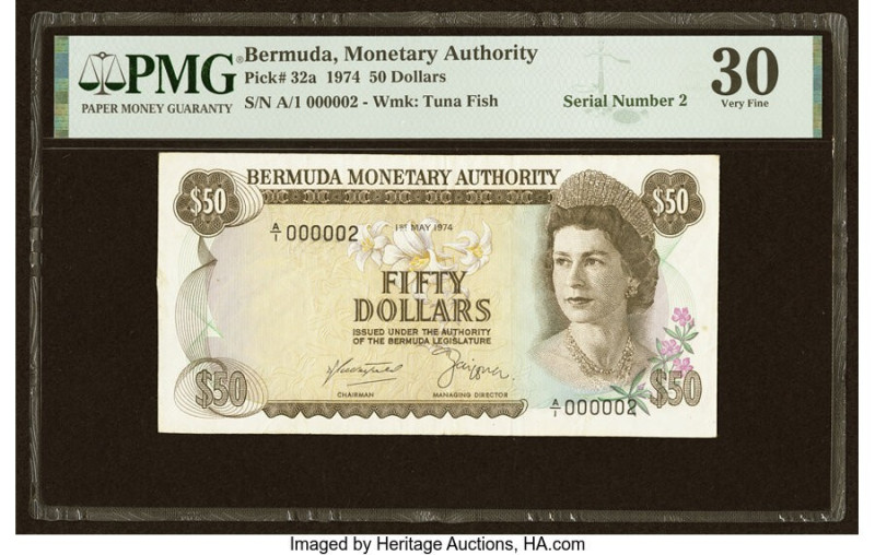Serial Number 2 Bermuda Monetary Authority 50 Dollars 1.5.1974 Pick 32a PMG Very...