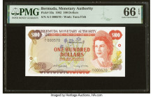 Serial Number 570 Bermuda Monetary Authority 100 Dollars 2.1.1982 Pick 33a PMG Gem Uncirculated 66 EPQ. The first A/1 prefix and a low 000570 serial n...