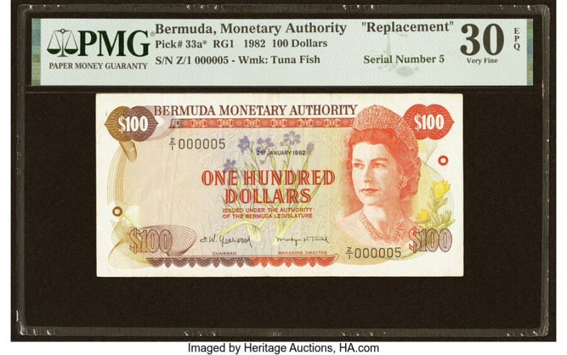 Serial Number 5 Bermuda Monetary Authority 100 Dollars 2.1.1982 Pick 33a* RG1 Re...