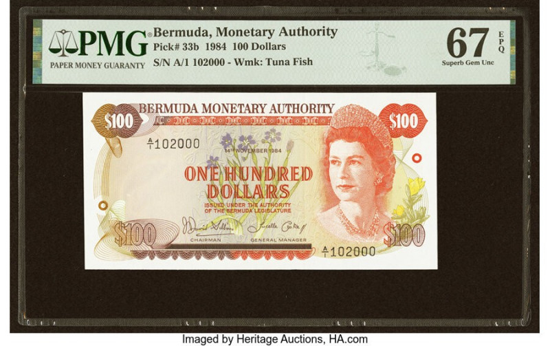 Bermuda Monetary Authority 100 Dollars 14.11.1984 Pick 33b PMG Superb Gem Unc 67...