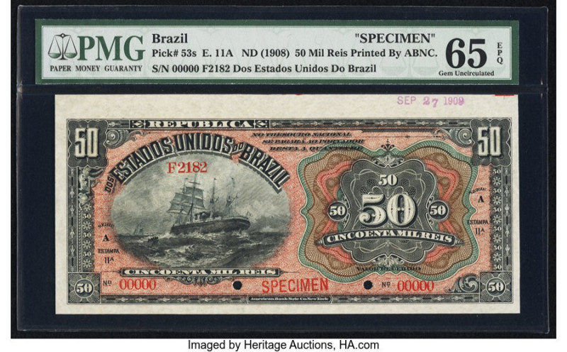 Brazil Thesouro Nacional 50 Mil Reis ND (1908) Pick 53s Specimen PMG Gem Uncircu...