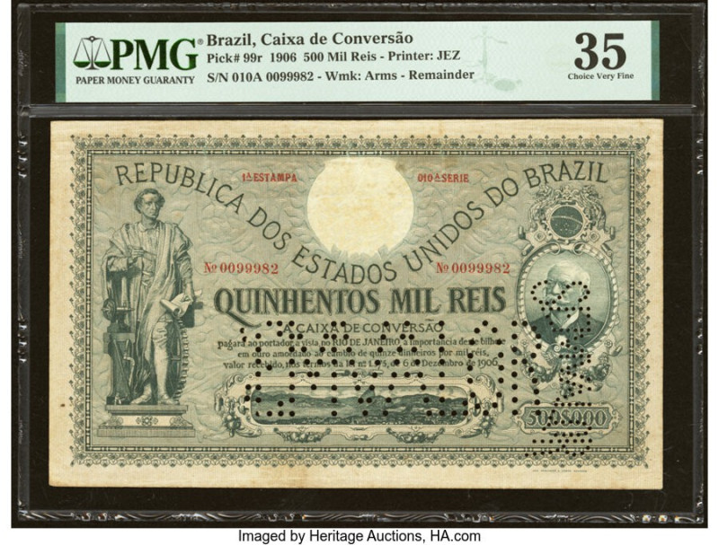 Brazil Caixa de Conversao 500 Mil Reis 1906 Pick 99r Remainder PMG Choice Very F...