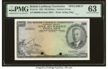 British Caribbean Territories Currency Board 100 Dollars 1950 Pick 6s Specimen PMG Choice Uncirculated 63. The $100 denomination for the British Carib...