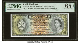 British Honduras Government of British Honduras 10 Dollars 1.5.1965 Pick 31b PMG Gem Uncirculated 65 EPQ. A sharply executed portrait of Queen Elizabe...