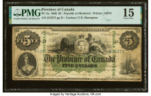 Canada Province of Canada, Montreal 5 Dollars 1.10.1866 PC-4a PMG Choice Fine 15. An exceptional early issue payable to Montreal and graced by the sig...