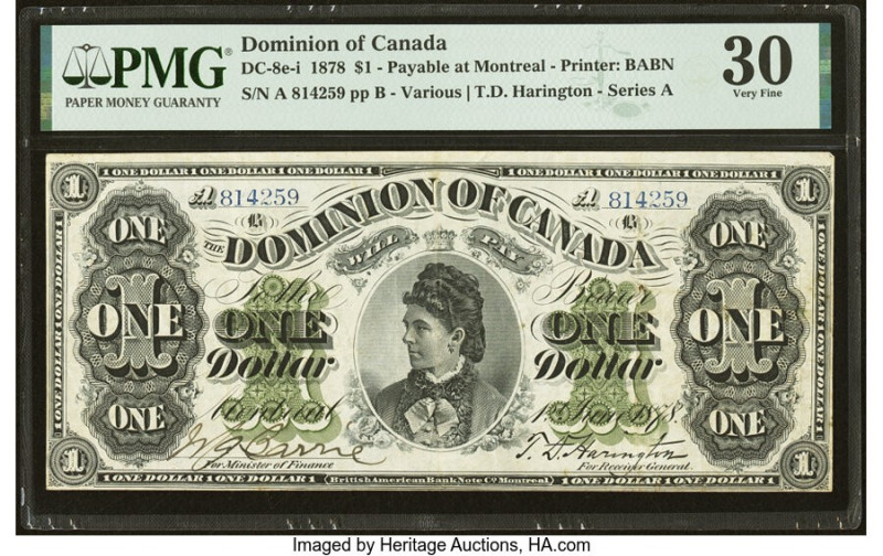 Canada Dominion of Canada $1 1.6.1878 DC-8e-i PMG Very Fine 30. The paper and in...