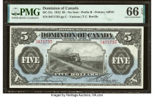 Canada Dominion of Canada $5 1.5.1912 DC-21c PMG Gem Uncirculated 66 EPQ. Incredible pack fresh originality, centering, margins, paper quality, and co...