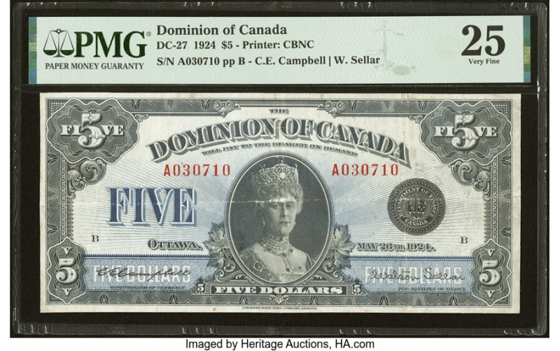 Canada Dominion of Canada $5 26.5.1924 DC-27 PMG Very Fine 25. Featuring a forma...