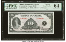 Serial Number 8 Canada Bank of Canada $10 1935 BC-8 PMG Choice Uncirculated 64. The French text Princess Mary banknote of 1935 has become fairly scarc...