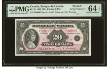 Serial Number 7 Canada Bank of Canada $20 1935 BC-10 French Text PMG Choice Uncirculated 64 EPQ. Canada's 1935 $20 is one of its most famous banknotes...