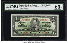 Canada Bank of Canada $1 2.1.1937 BC-21S-i Specimen PMG Gem Uncirculated 65 EPQ. This wonderful example is enhanced by a portrait of King George VI en...