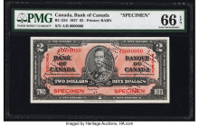 Canada Bank of Canada $2 2.1.1937 BC-22S Specimen PMG Gem Uncirculated 66 EPQ. A compelling portrait of King George VI graces the front of this note w...