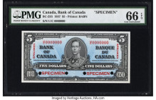 Canada Bank of Canada $5 2.1.1937 BC-23S Specimen PMG Gem Uncirculated 66 EPQ. On this beautiful high grade Specimen is the portrait of King George VI...