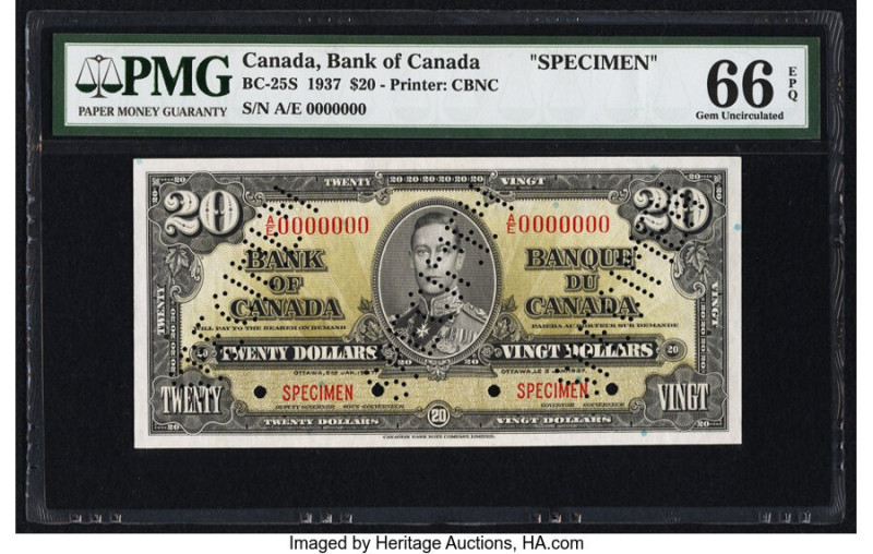 Canada Bank of Canada $20 2.1.1937 BC-25S Specimen PMG Gem Uncirculated 66 EPQ. ...