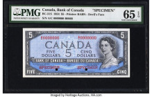 Canada Bank of Canada $5 1954 BC-31S "Devil's Face" Specimen PMG Gem Uncirculated 65 EPQ. The first prefix is seen on this interesting and scarce Spec...