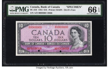 Canada Bank of Canada $10 1954 BC-32S "Devil's Face" Specimen PMG Gem Uncirculated 66 EPQ. A bright and well margined Specimen of the always popular "...