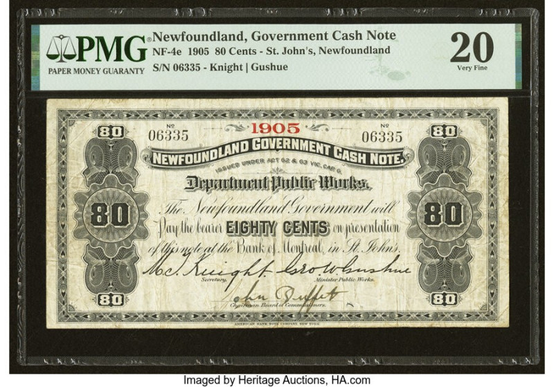 Canada Newfoundland Government Cash Note 80 Cents 1905 NF-4e PMG Very Fine 20. A...