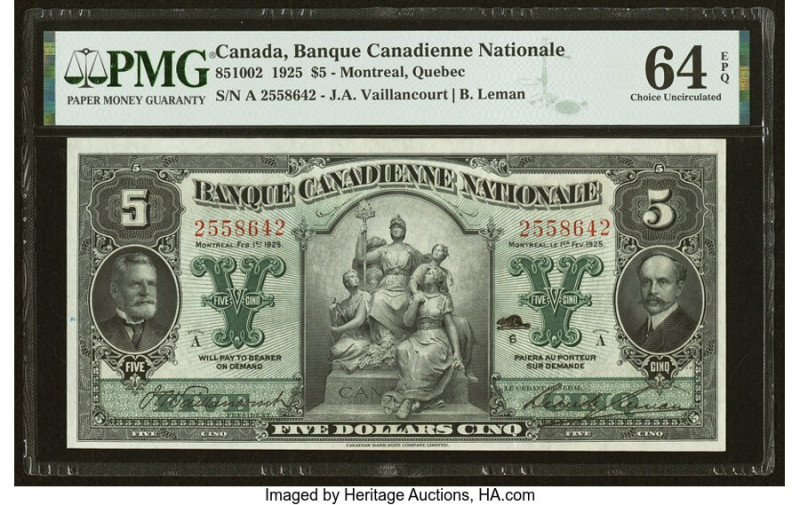 Canada Montreal, PQ- Banque Canadienne Nationale $5 1.2.1925 Ch.# 85-10-02 PMG C...