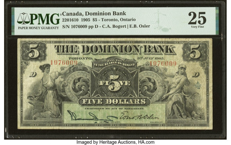 Canada Toronto, ON- Dominion Bank $5 3.7.1905 Ch.# 220-16-10 PMG Very Fine 25. A...