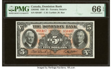 Canada Toronto, ON- Dominion Bank $5 3.1.1938 Ch.# 220-28-02 PMG Gem Uncirculated 66 EPQ. This excellent note features one of the final dates for priv...