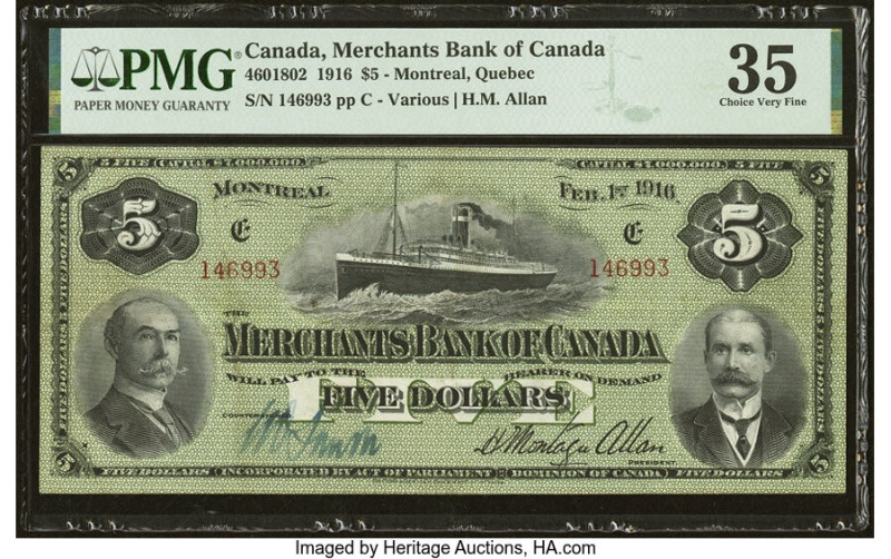 Canada Montreal, PQ- Merchants Bank of Canada $5 1.2.1916 Ch.# 460-18-02 PMG Cho...