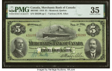 Canada Montreal, PQ- Merchants Bank of Canada $5 1.2.1916 Ch.# 460-18-02 PMG Choice Very Fine 35. A note designed with security in mind, with the gree...