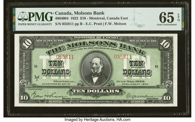 Canada Montreal, PQ- Molsons Bank $10 3.7.1922 Ch.# 490-40-04 PMG Gem Uncirculat...