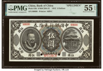 China Bank of China 5 Dollars 1.6.1912 Pick 26t Specimen PMG About Uncirculated 55 EPQ. Terrific originality and paper quality are present on this mid...