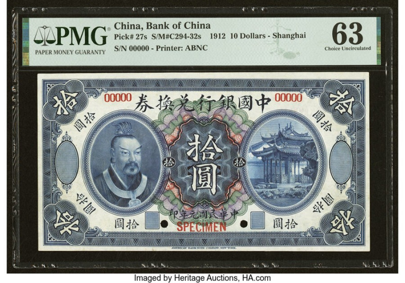 China Bank of China, Shanghai 10 Dollars 1.6.1912 Pick 27s S/M#C294-32s PMG Choi...