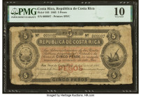 Costa Rica Republica de Costa Rica 5 Pesos 2.1.1865 Pick 103 PMG Very Good 10. An extremely rare issue from 1865, and surprising, this note survived t...