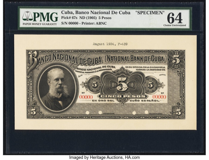 Cuba Banco Nacional de Cuba 5 Pesos ND (1905) Pick 67s Specimen PMG Choice Uncir...