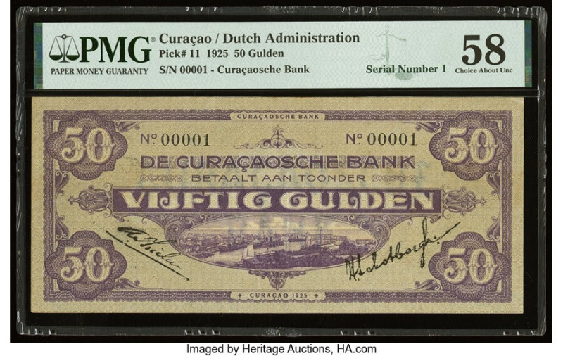 Serial Number 1 Curacao Curacaosche Bank 50 Gulden 1925 Pick 11 PMG Choice About...